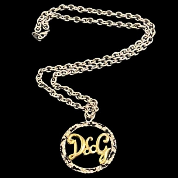 Vintage Dolce & Cabbana Two Tone Crystal Logo Circle Pendent Necklace - Picture 2 of 8